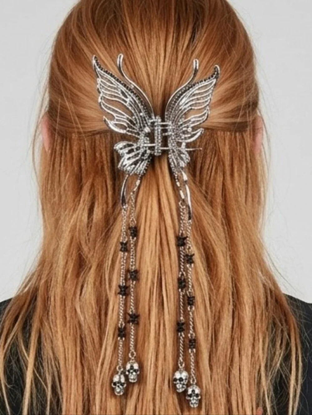 Social Collision Silver Butterfly Skull Charm Claw Hair Clip w/Crystals Details